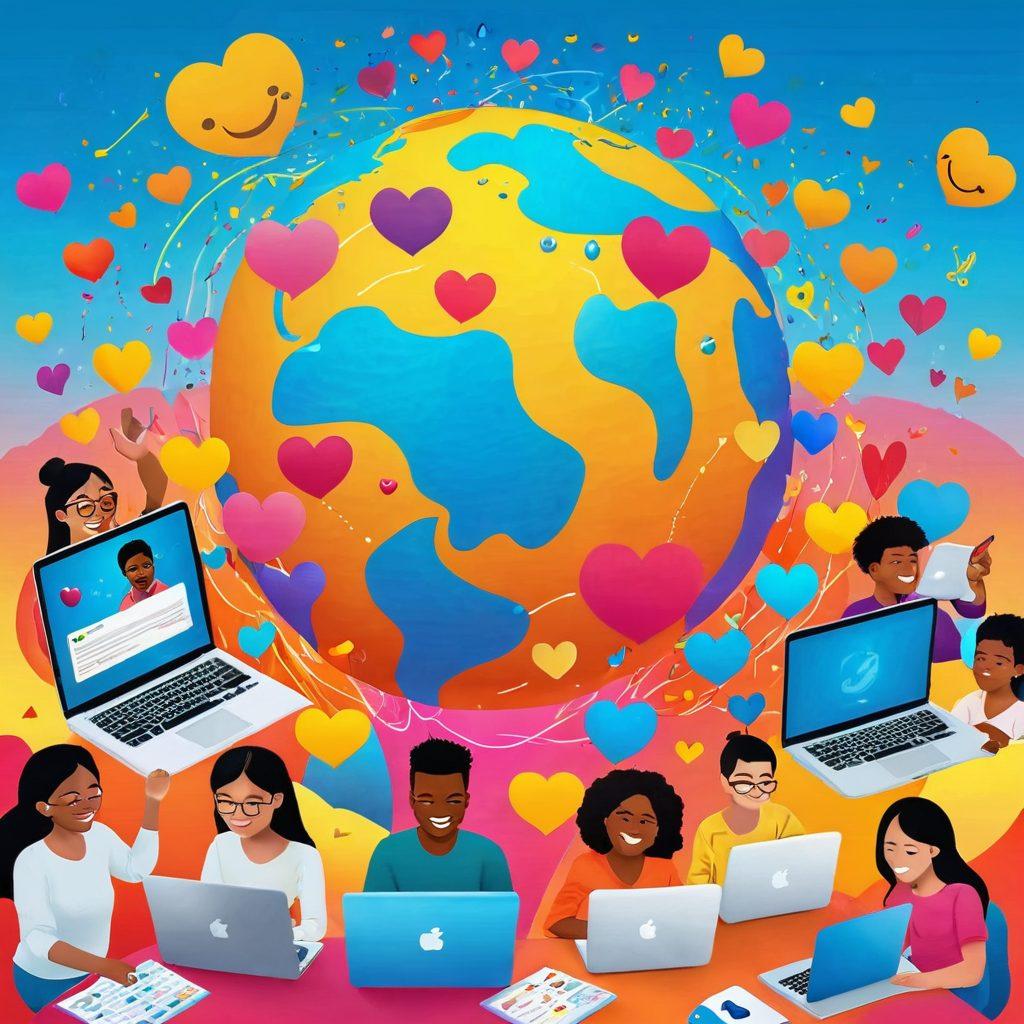 A vibrant digital collage depicting diverse people joyfully engaging online, surrounded by floating emojis and hearts to symbolize connection. Incorporate a mix of technology elements like laptops and smartphones, with bright colors that exude positivity and celebration. Include symbols of community, such as a globe and interconnected lines, to illustrate global reach. Bright abstract background with soft gradients to evoke happiness. digital art. vibrant colors. 3D.