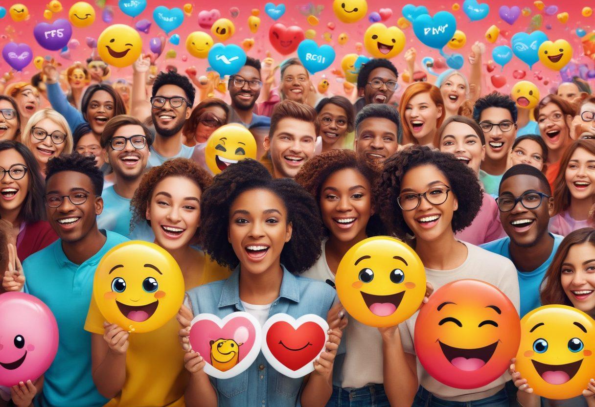 A diverse group of people joyfully interacting in a vibrant online space, showcasing screens filled with colorful emojis and social media icons. Infuse the scene with an atmosphere of excitement and connection, featuring dialogue bubbles with heart symbols. Capture a blend of digital and real-life elements, symbolizing engagement and community. super-realistic. vibrant colors. digital art.