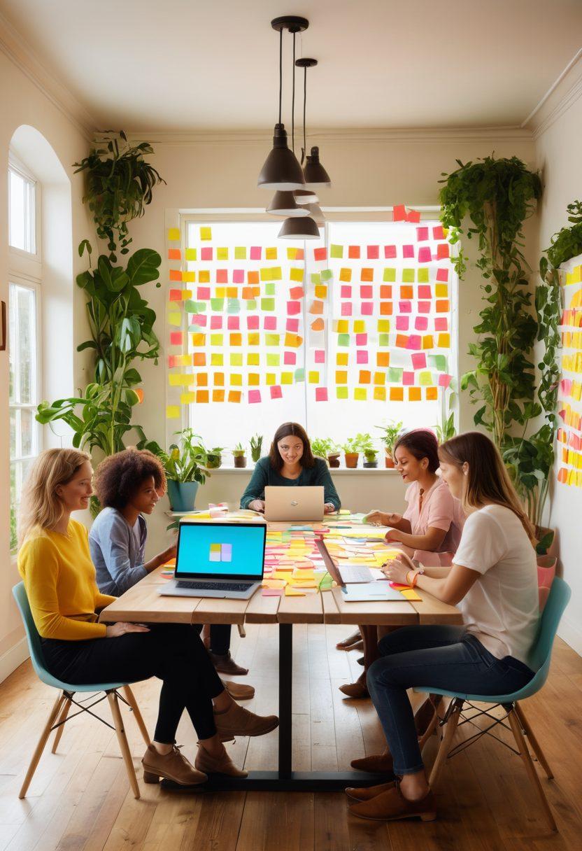 A diverse group of people joyfully collaborating around a large table, sharing ideas with colorful sticky notes and laptops. Bright light floods into the room, symbolizing creativity and inspiration, while illustrated connection lines flow between individuals, representing seamless communication. The space is vibrant and inviting, filled with plants and artwork. super-realistic. vibrant colors. warm tones.